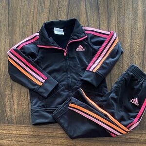 Adidas Kids Black Tracksuit with Pink and Orange Accents size 24M